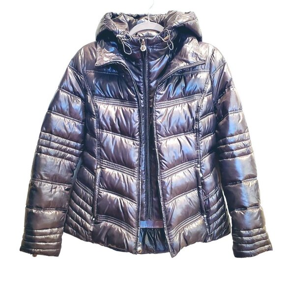Laundry by Shelli Segal Petrol Silver Gray Hooded Bib Puffer Coat Jacket M - Picture 1 of 16